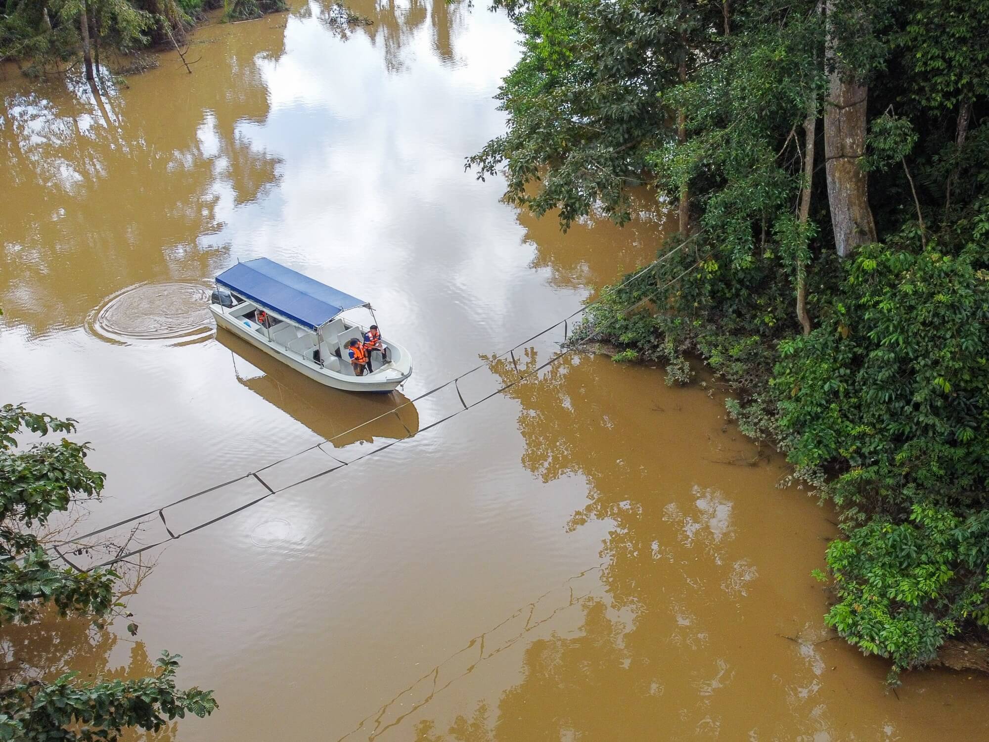 Boat entering the narrow Menanggul tributary at dawn